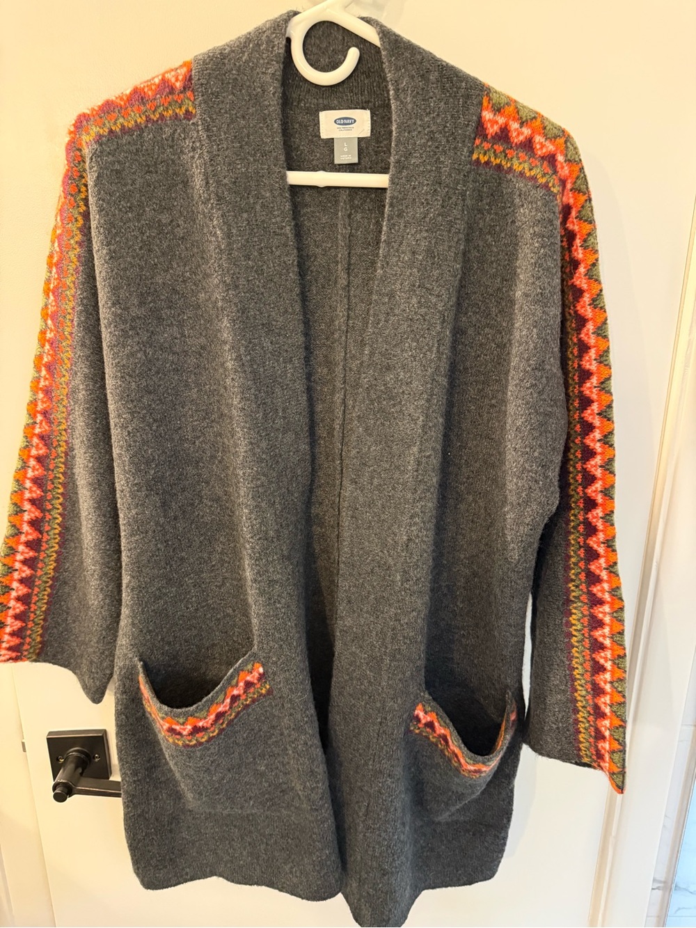 Old Navy Gray Open-Front Cardigan with Multicolor Chevron Trim